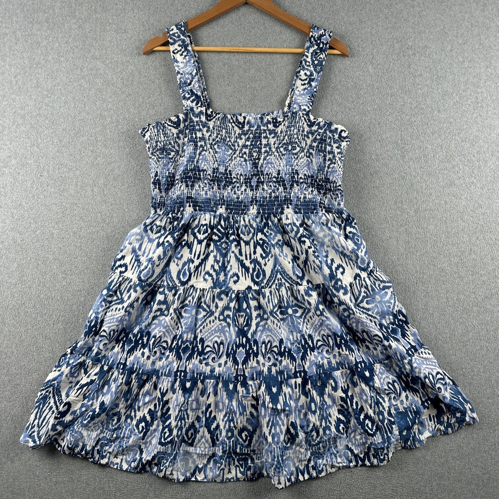 Beachlunchlounge Dress Womens XL LPD6475 Blue Ikat Smocked Tiered Sleeveless